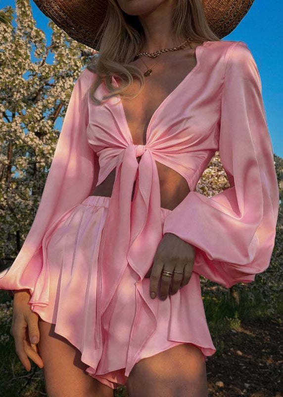 Ensemble deux pièces élégant en soie glacée rose à lacets pour l'été - Wavlynn