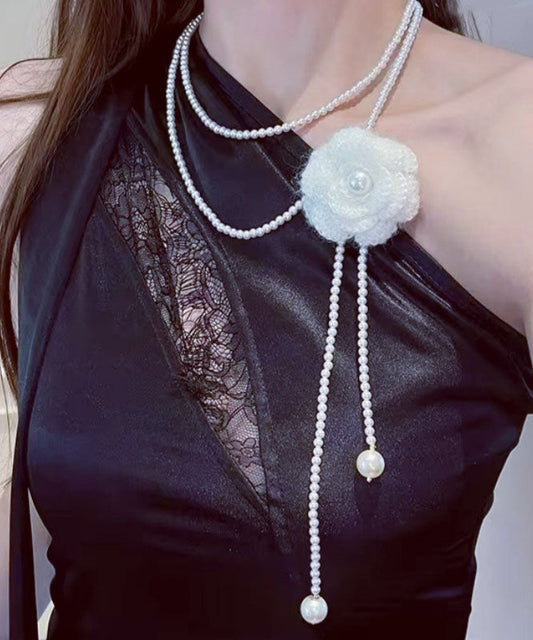 Collier lariat en alliage blanc élégant avec perles florales - Wavlynn