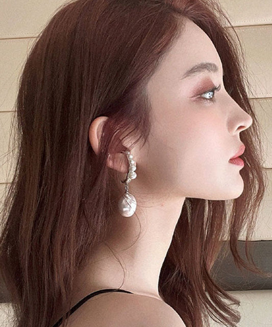 Boucles d'oreilles pendantes élégantes en cuivre blanc surdoré avec perles - Wavlynn