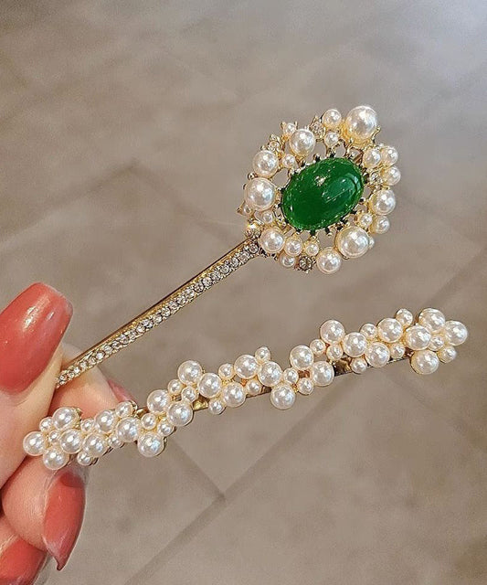 Ensemble élégant de deux épingles à cheveux en cuivre blanc surdoré, zircon, perle et émeraude - Wavlynn