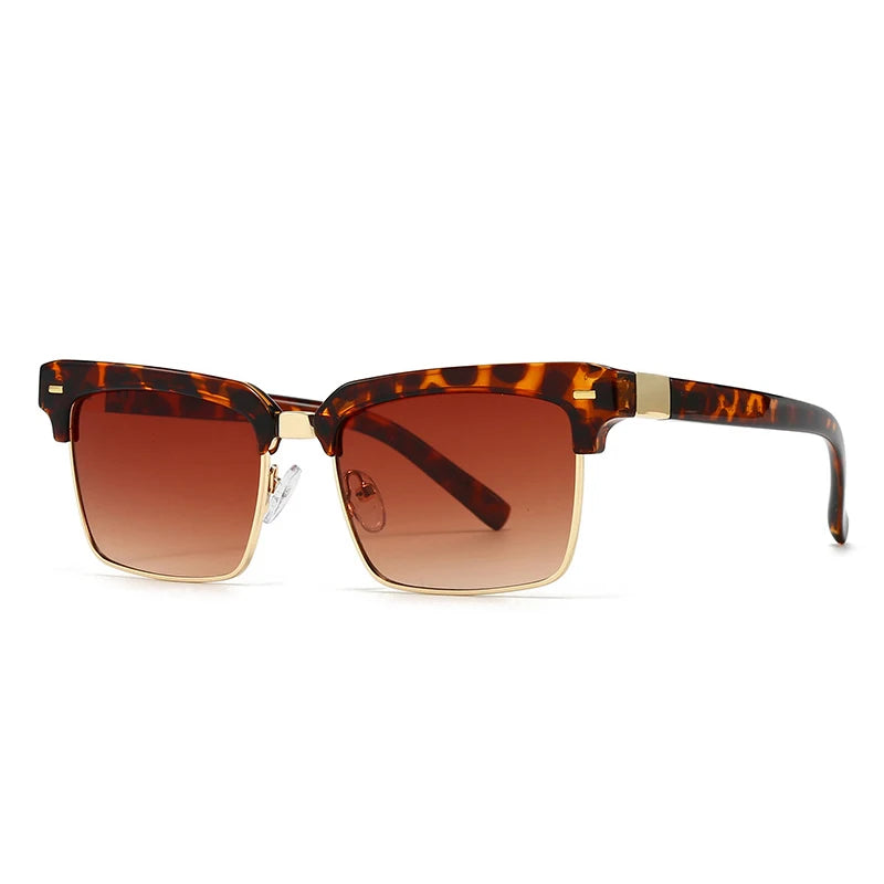 Glossy black square browline sunglasses with gold accents and UV-blocking dark lenses