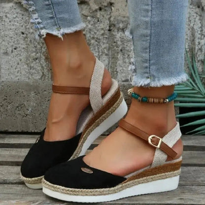 Women's closed toe espadrille wedge sandals with braided jute wrap, chic summer style