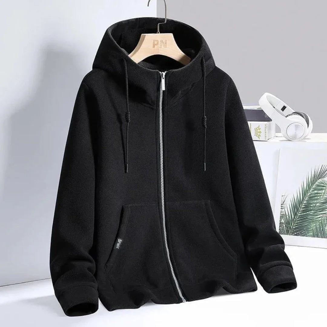 Light gray ultra-soft fleece zip-up hoodie with adjustable drawstring hood and kangaroo pockets