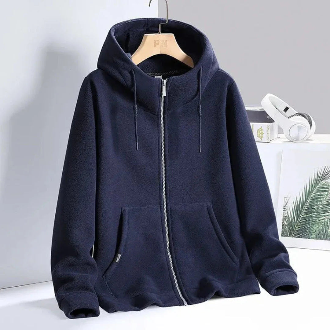 Heather gray ultra-soft fleece zip-up hoodie with adjustable drawstring hood and kangaroo pockets