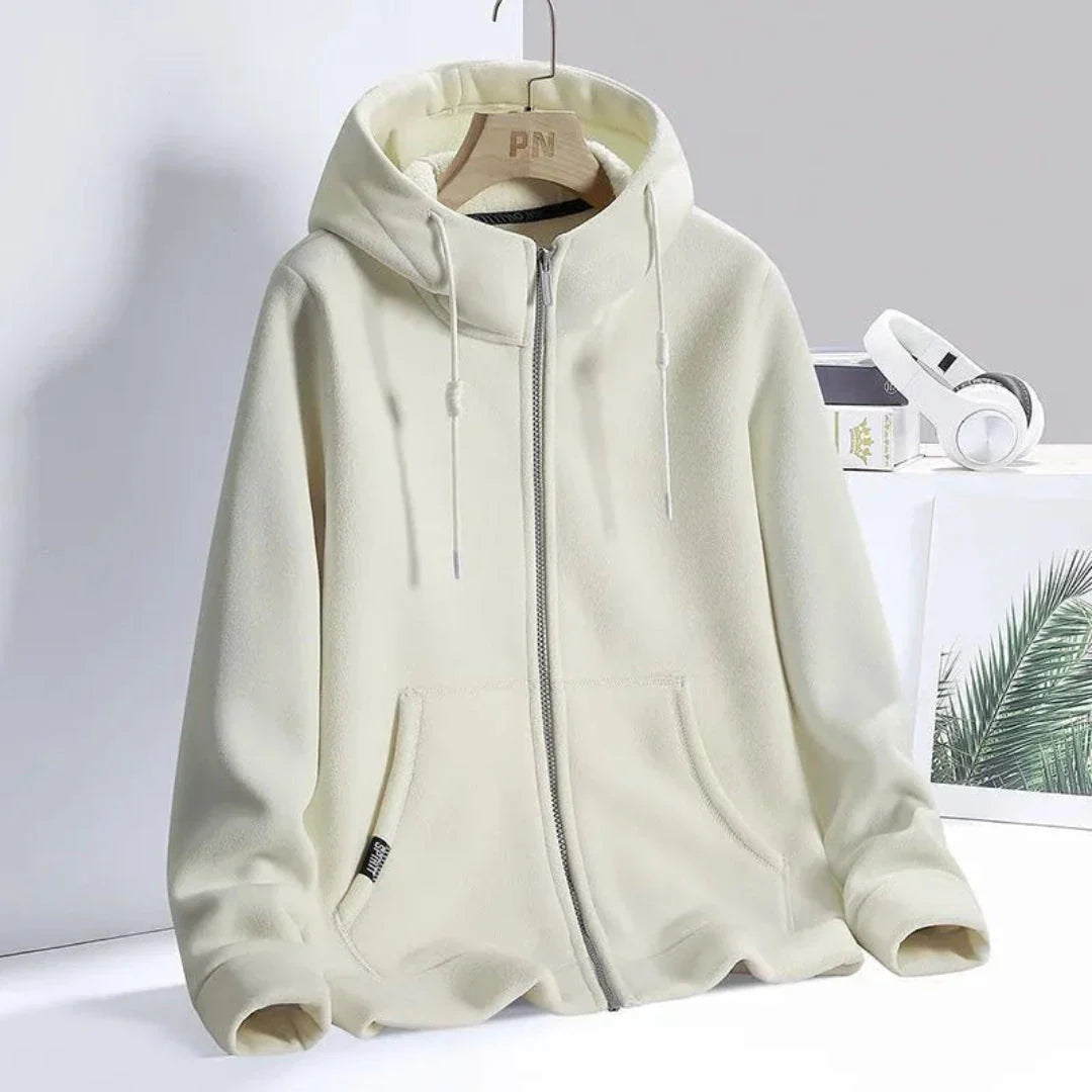 Heather gray ultra-soft fleece zip-up hoodie with adjustable drawstring hood and kangaroo pockets
