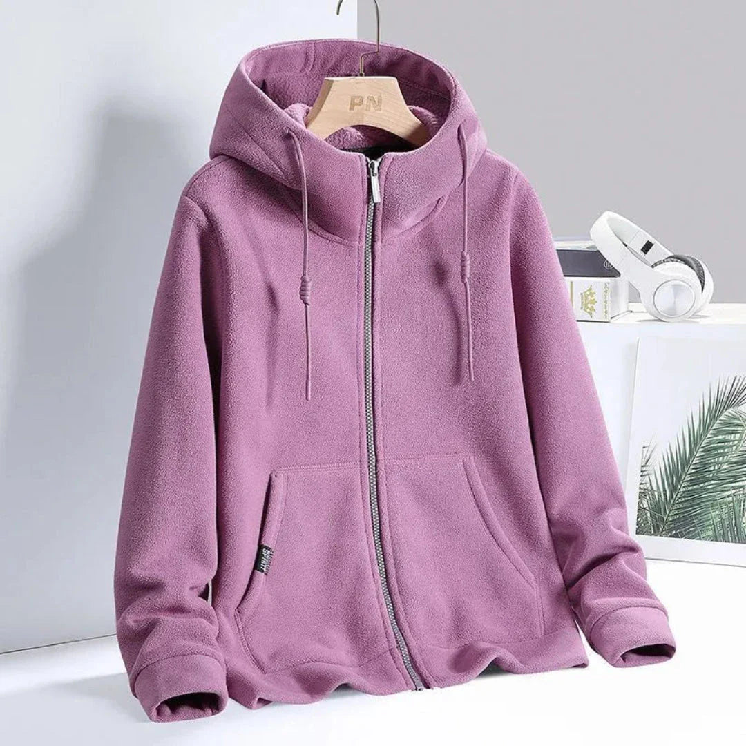 Heather gray ultra-soft fleece zip-up hoodie with adjustable drawstring hood and kangaroo pockets