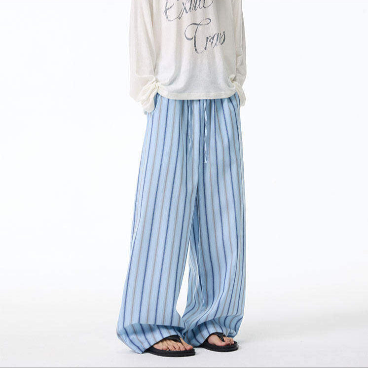 Vertical-stripe ultra-wide leg unisex sweatpants lightweight lounge fit French Riviera style