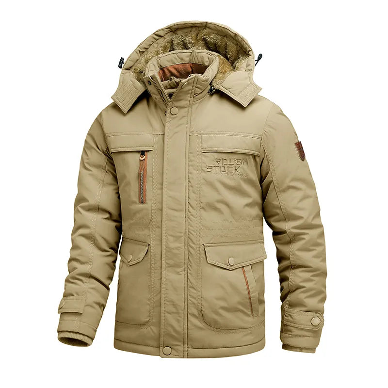 Men's windproof insulated hooded winter jacket by Wavlynn with multiple utility pockets for active men