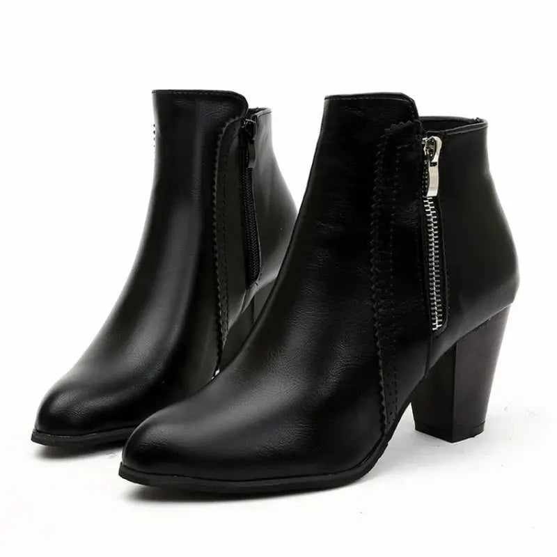 Women's brown coarse heel fashion boots with retro side zipper, block heel, stylish ankle silhouette