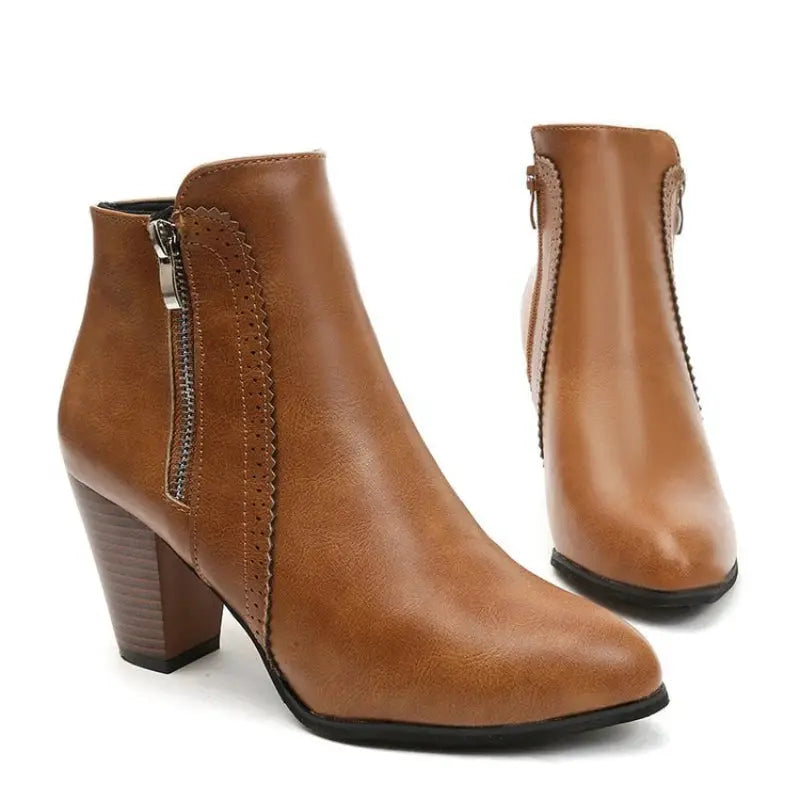 Women's brown coarse heel fashion boots with retro zipper detail, block heel, ankle-length silhouette