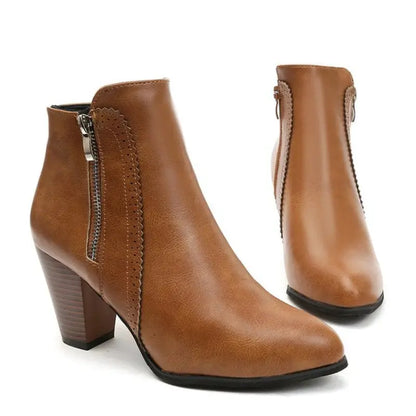 Women's brown coarse heel fashion boots with retro zipper detail, block heel, ankle-length silhouette
