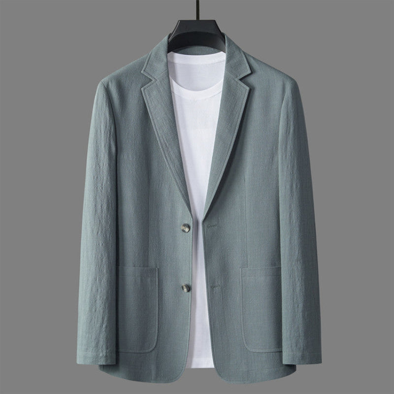Relaxed linen blazer in coastal neutral tones with breathable lightweight fabric and casual drape