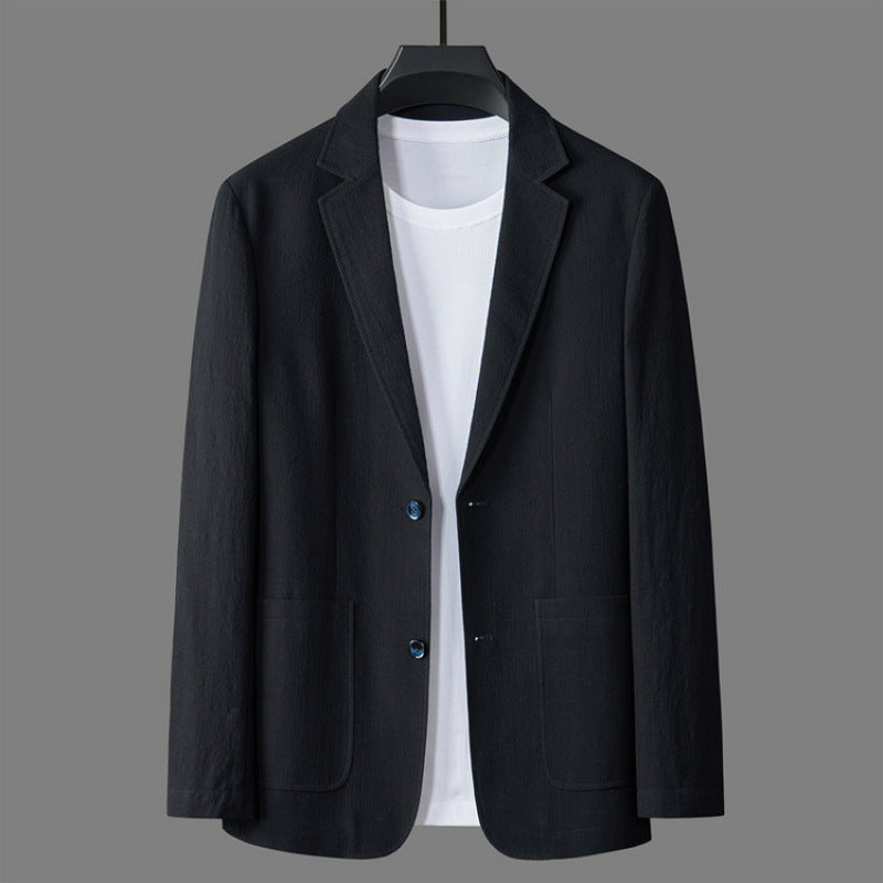 Relaxed linen blazer in coastal tones, lightweight breathable blend with casual drape for effortless warm-weather style