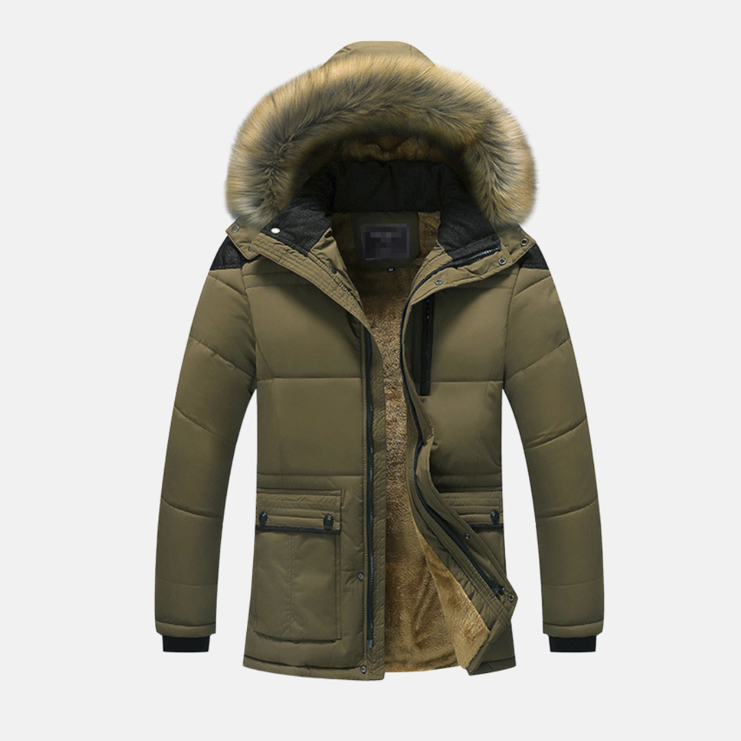 Men's navy quilted mid-length parka with detachable faux fur hood, Nordisk Flair Wavlynn style