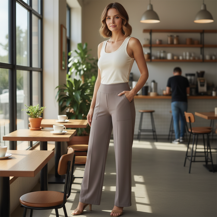 Black wide-leg high-rise trousers with sleek front panel and relaxed silhouette for modern elegance