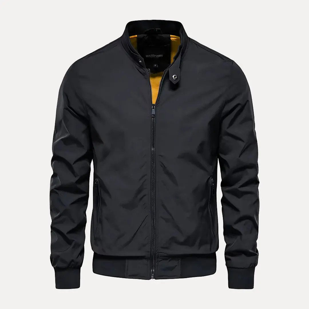 Slim-fit black bomber jacket with stand collar, sleek modern design for casual autumn wear