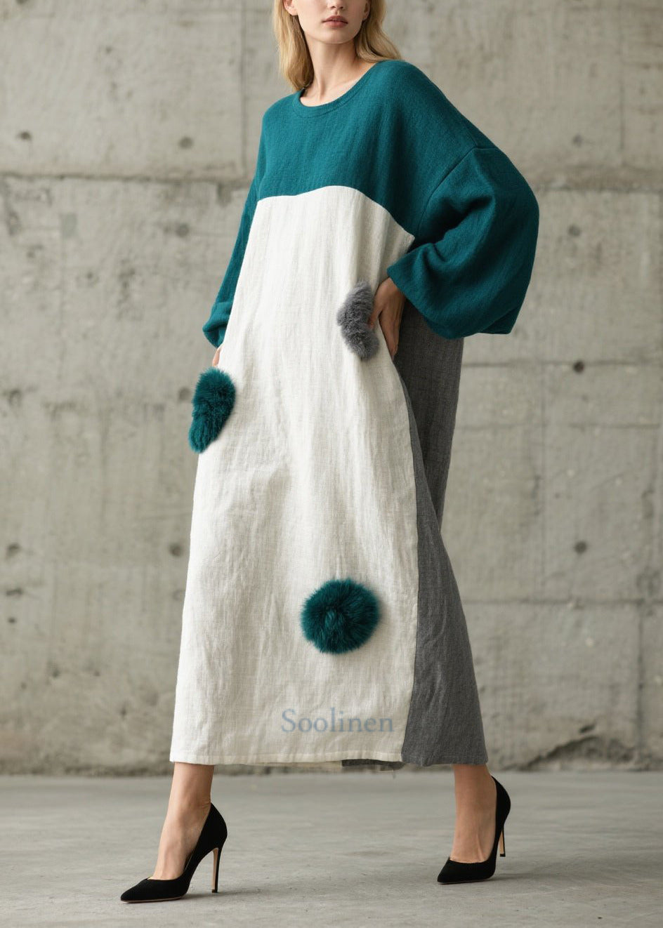 Robe en coton patchwork colorblock surdimensionnée avec boule duveteus ...