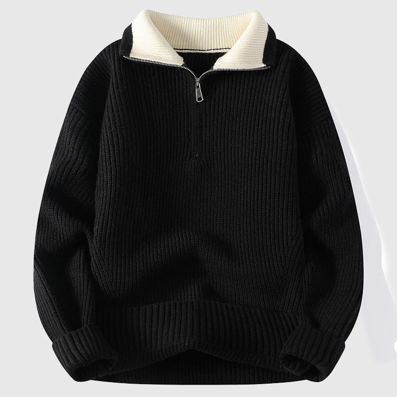 Navy blue ribbed polo sweater with colorblock collar detail, slim fit festive office style