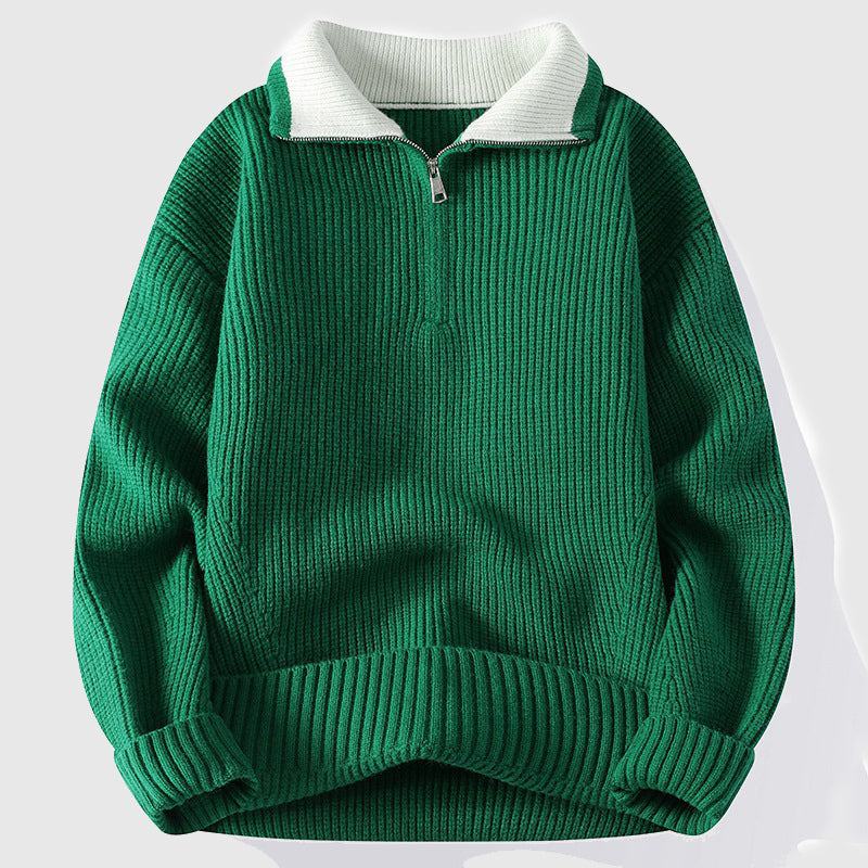 Navy blue ribbed polo sweater with colorblock collar, slim-fit festive office style