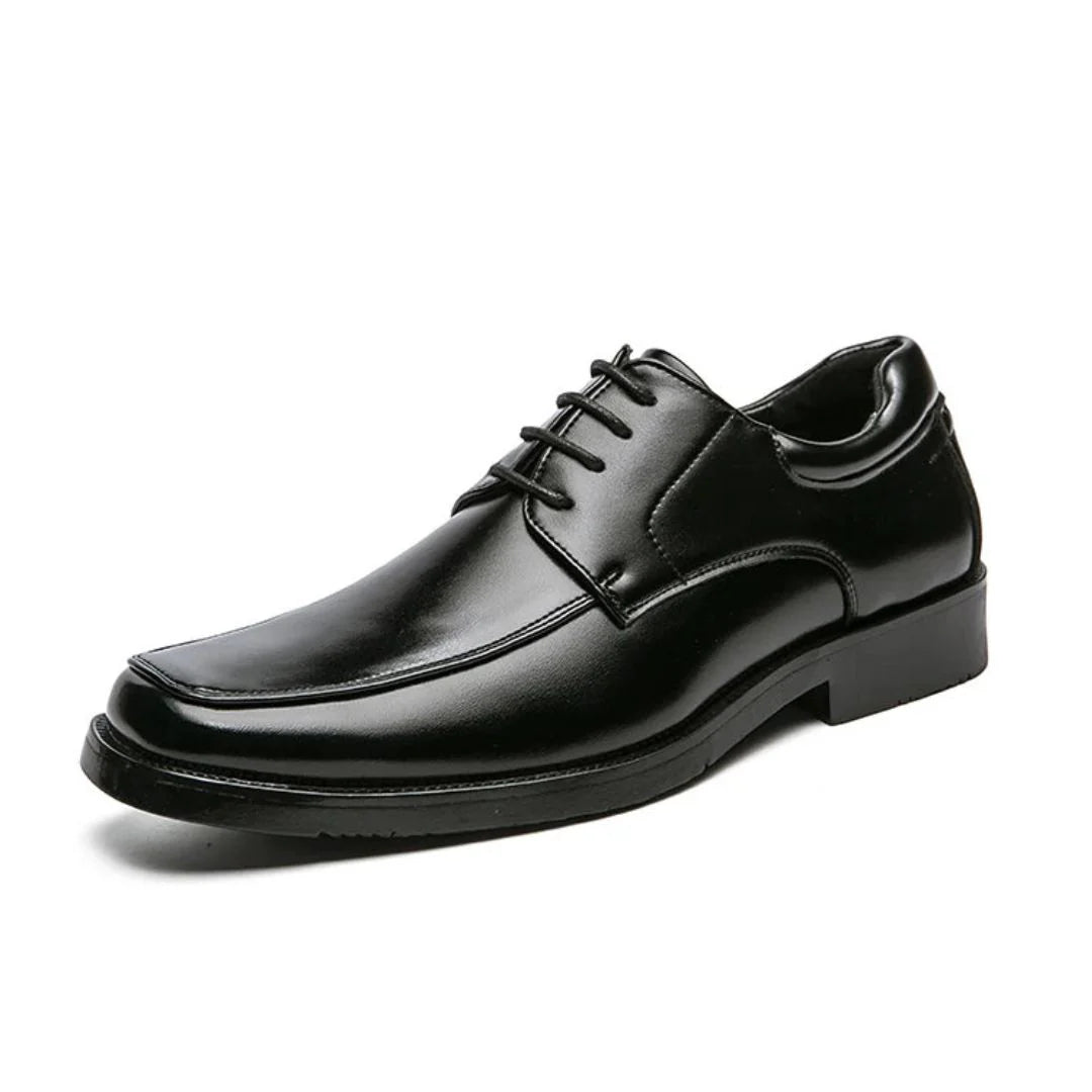 Men's black PU leather lace-up Derby dress shoes with padded insole and polished low heel