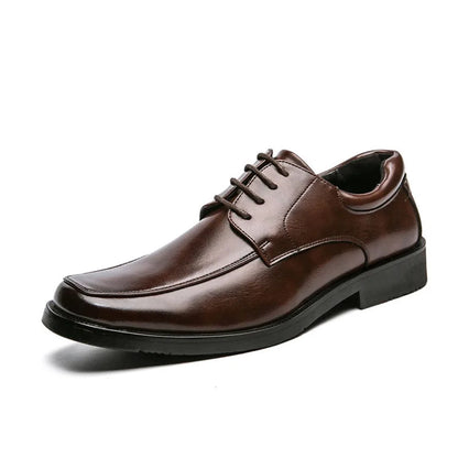 Men's black PU leather lace-up derby dress shoes with padded insole and polished low heel