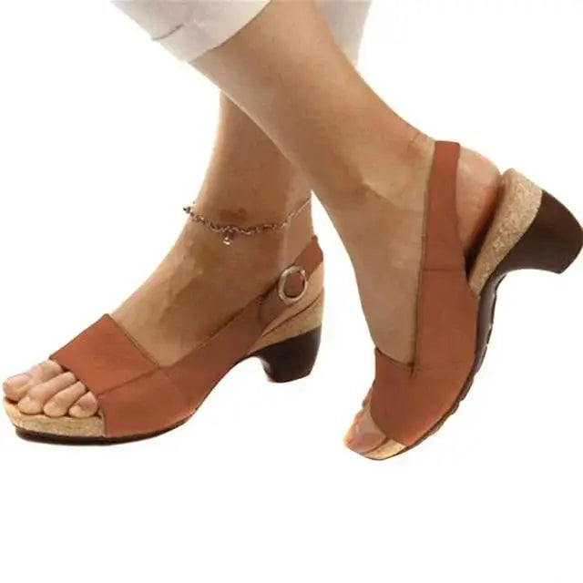 Women's nude open-toe slingback heels with elegant low block heel and adjustable strap