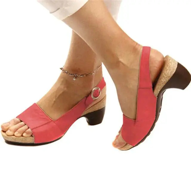 Women's nude open-toe slingback heels with elegant low block heel and adjustable back strap