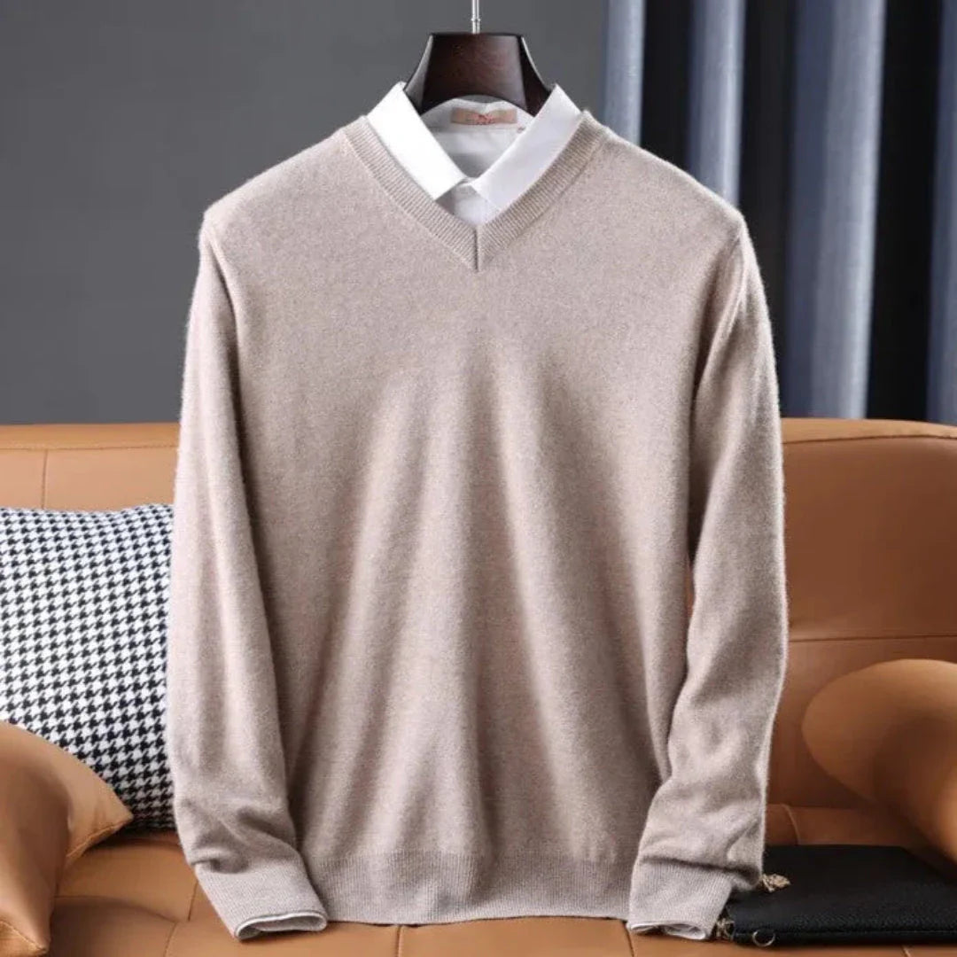 Women's soft cashmere V-neck sweater in timeless color, lightweight layering essential for everyday elegance