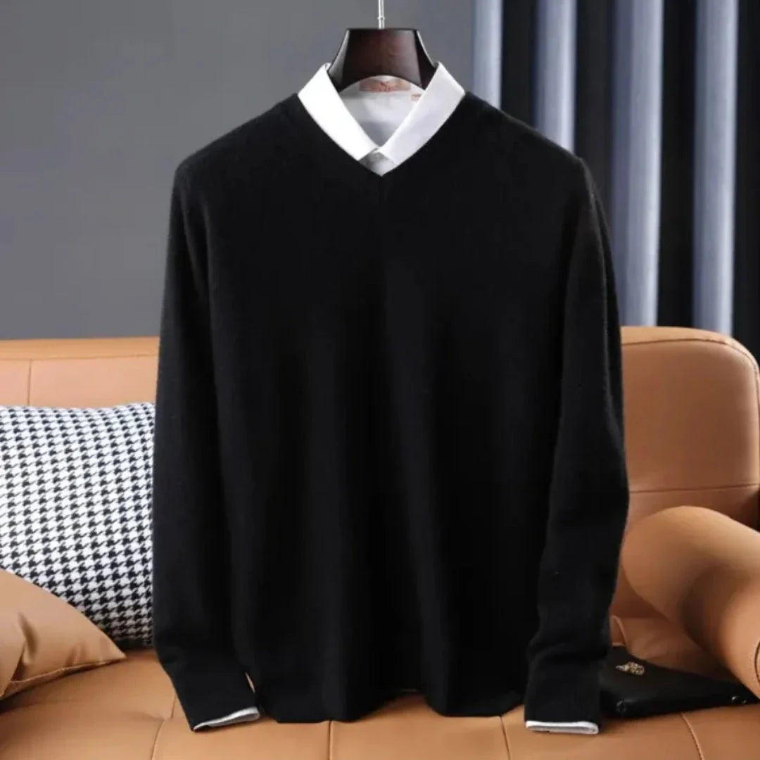 Women's soft cashmere V-neck sweater in timeless hues, lightweight layering essential with classic refined fit