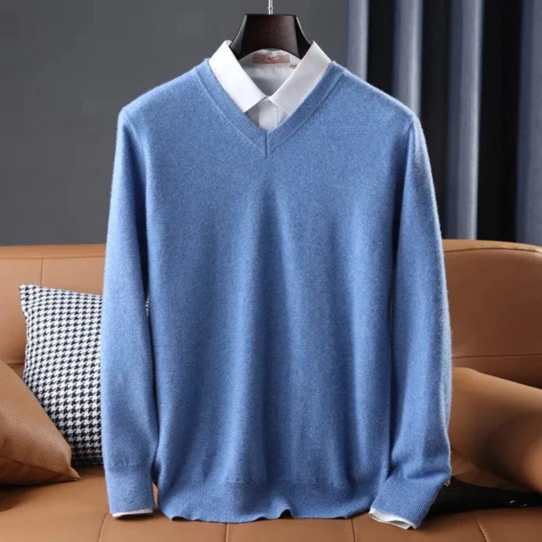 Women's soft cashmere V-neck sweater in timeless color, lightweight layering essential with classic refined fit