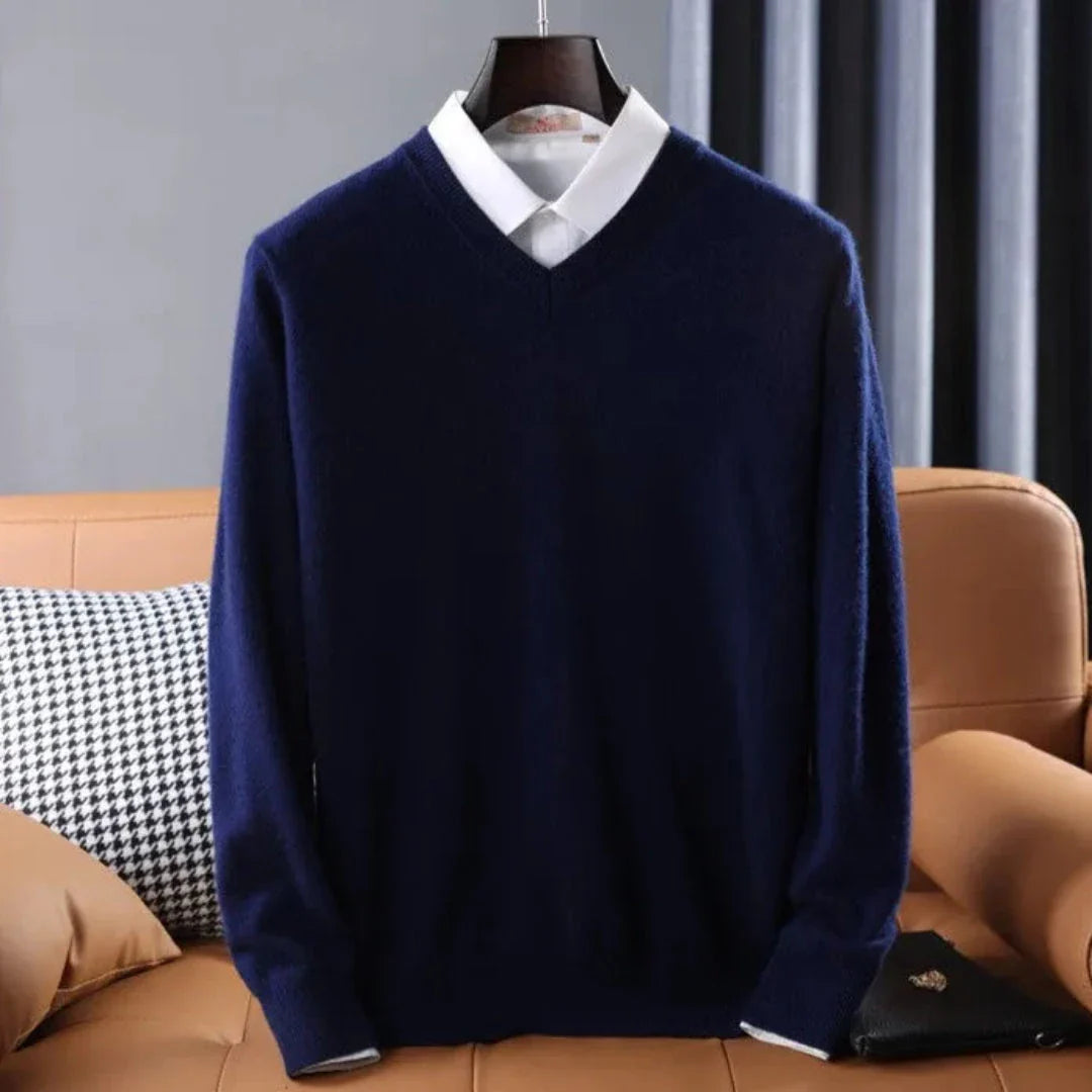 Women's soft cashmere V-neck sweater in timeless color, lightweight layering essential with classic refined fit