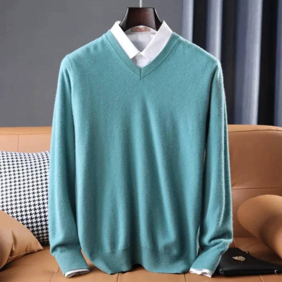 Women's soft cashmere V-neck sweater in timeless hues, lightweight layering essential with classic silhouette