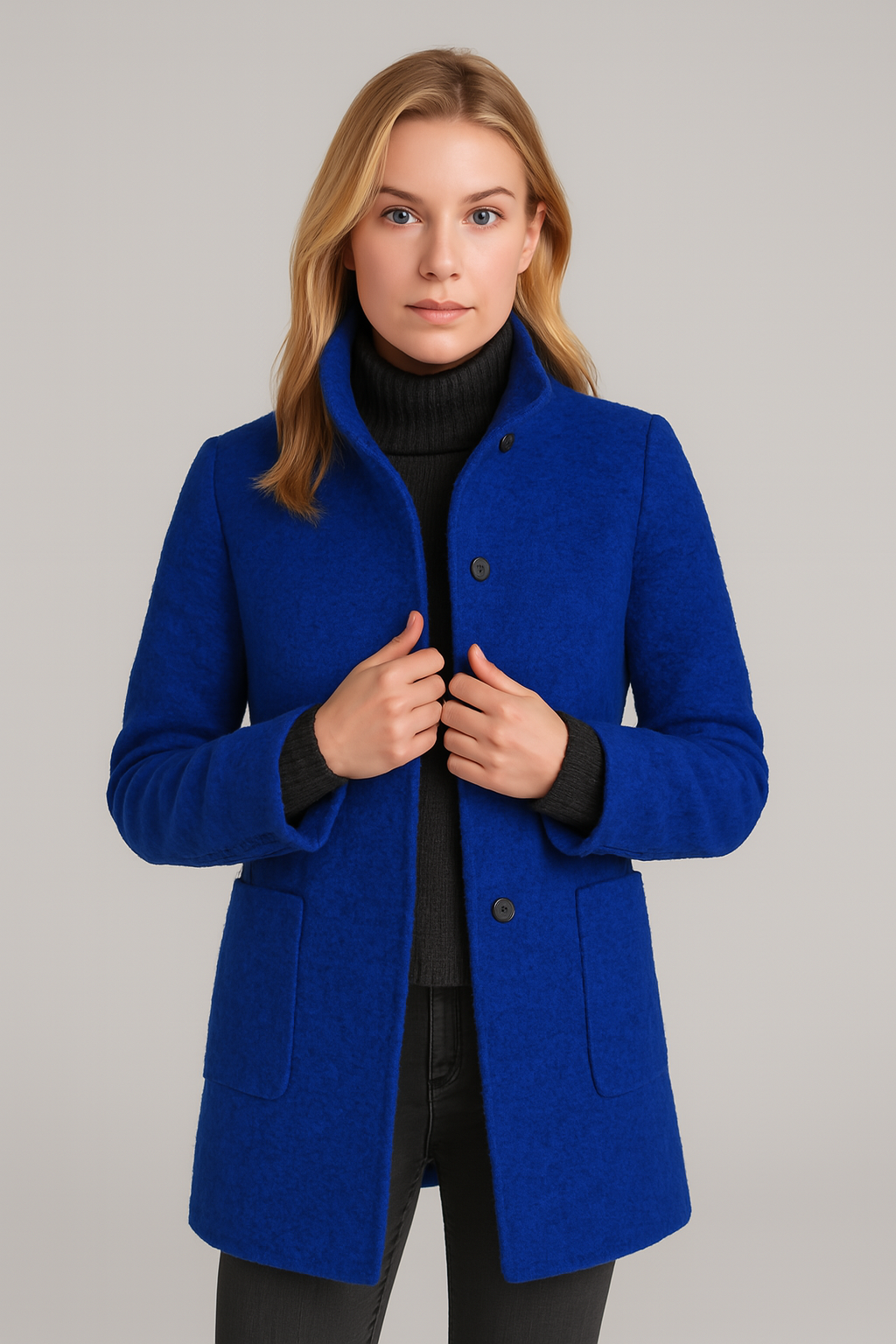 Women's casual cotton coat with stand collar, long sleeves, side pockets, spring lightweight outerwear