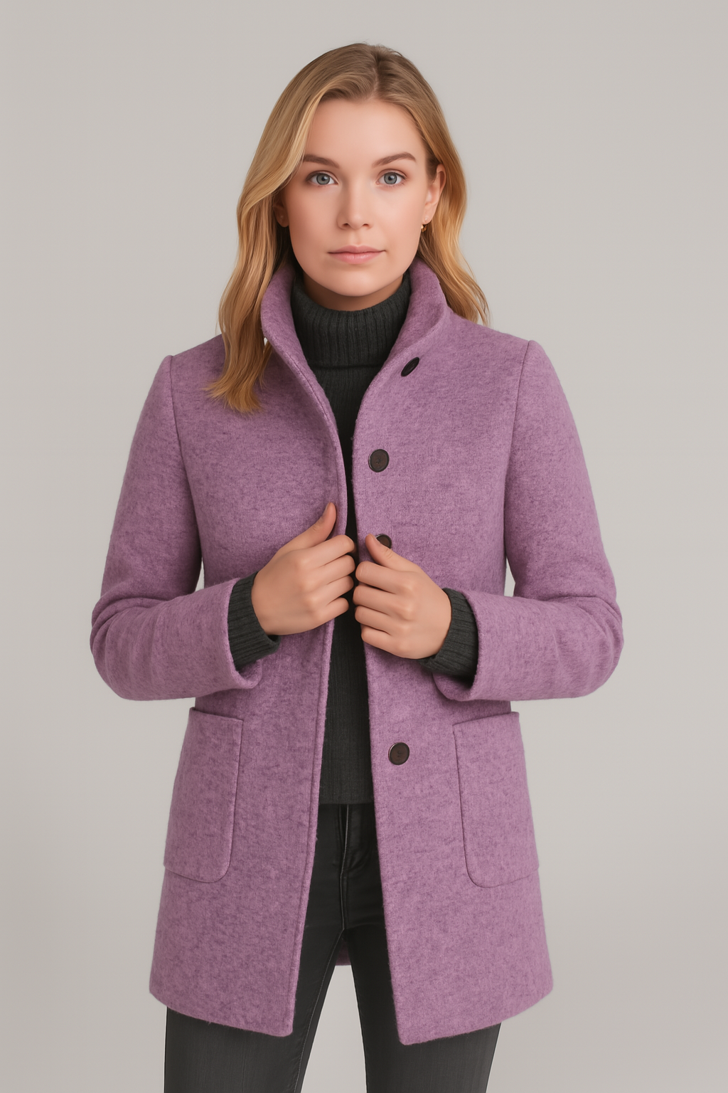 Women's casual cotton coat with stand collar, long sleeves, side pockets, lightweight spring outerwear