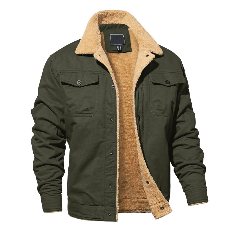 Men's cotton canvas cargo jacket with sherpa fleece lining, rugged everyday outerwear for cold weather