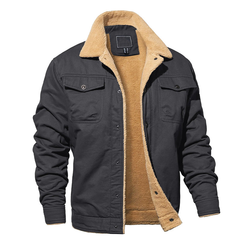 Men's cotton cargo jacket with sherpa fleece lining, rugged khaki outerwear for cold weather