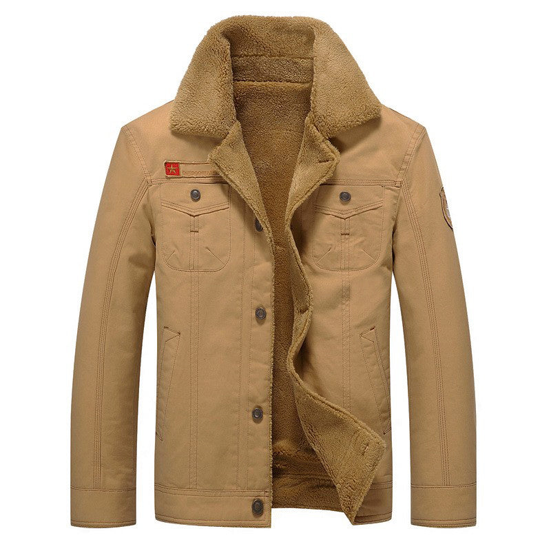 Men's brown cotton outdoor jacket with cozy sherpa fleece lining, button closure, and chest pockets