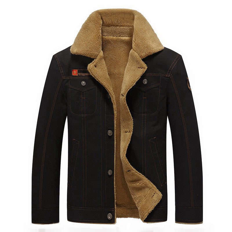 Men's brown cotton outdoor jacket with sherpa fleece lining, button closure, and chest pockets