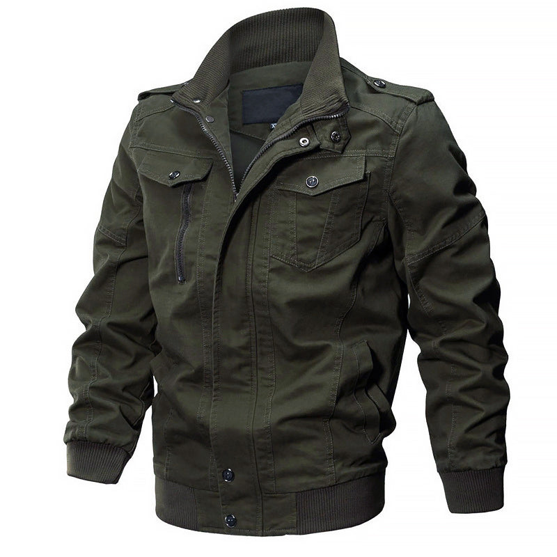 Men's olive cotton military bomber jacket with zipper closure, button placket, and multiple utility pockets