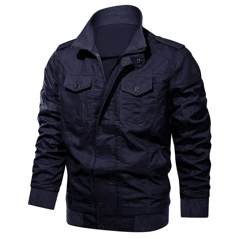 Men's cotton military bomber jacket olive green zip closure multiple utility pockets durable everyday outerwear