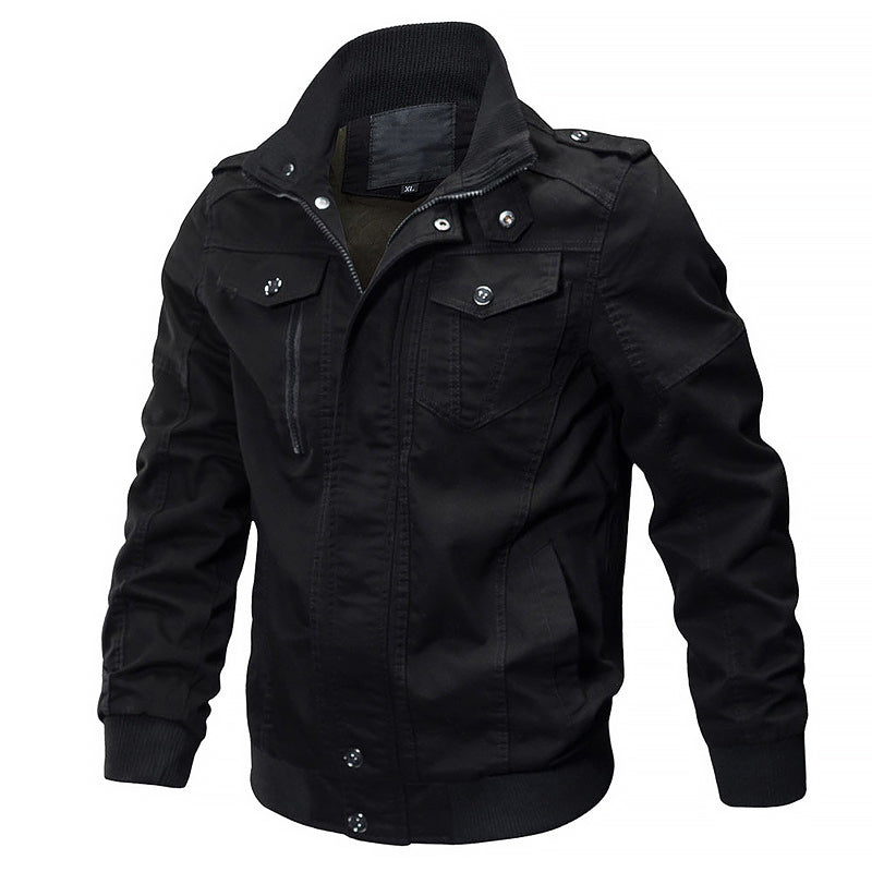 Men's cotton military bomber jacket olive green zip button closure multiple pockets durable outerwear