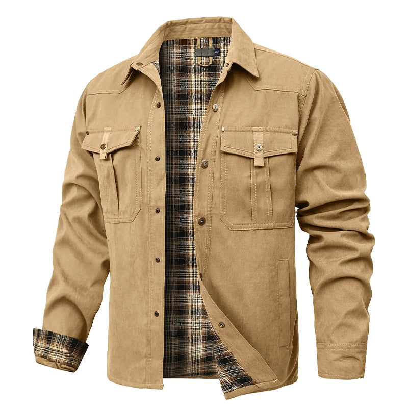 Men's brown flannel-lined shirt jacket with red plaid interior, regular fit Western cowboy style