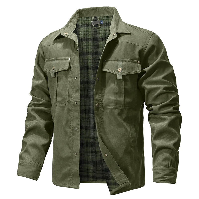 Men's brown flannel-lined shirt jacket regular fit Western cowboy style with red plaid interior lining