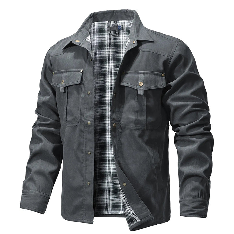 Men's brown flannel-lined shirt jacket with red plaid interior lining, regular fit western cowboy style