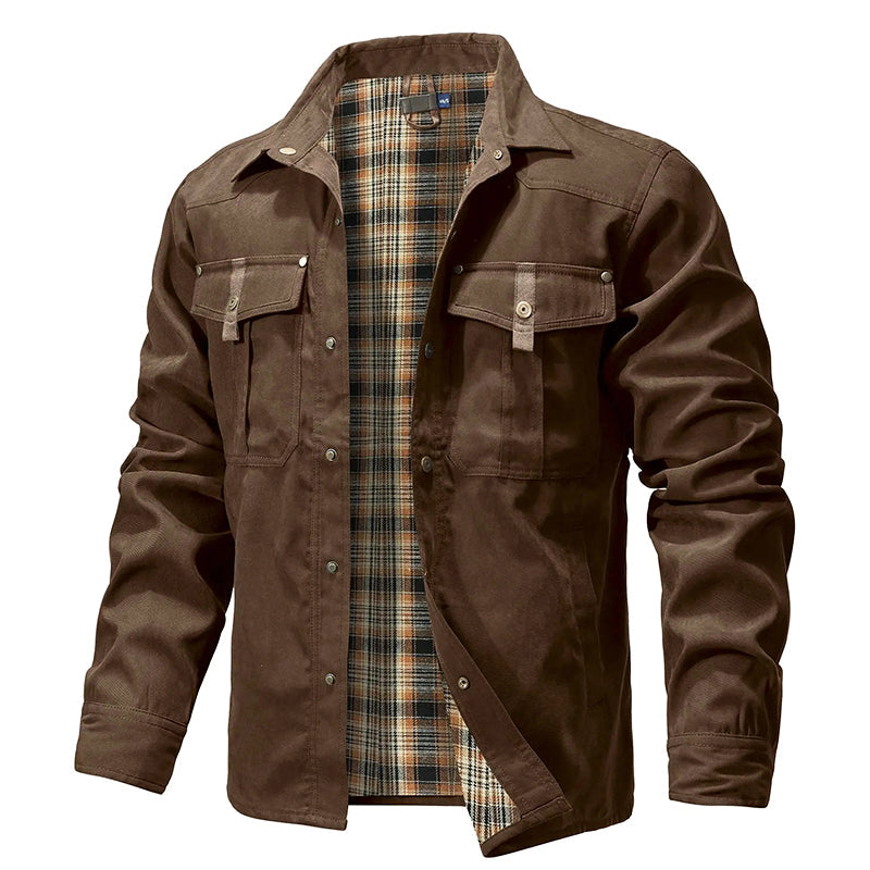 Men's western shirt jacket with flannel red plaid lining, regular fit, rugged cowboy outerwear