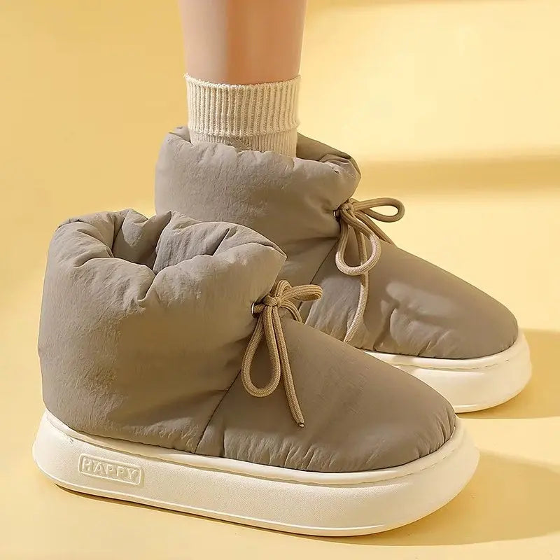 Women's beige high-top slippers with soft faux wool lining and lightweight EVA sole for winter warmth
