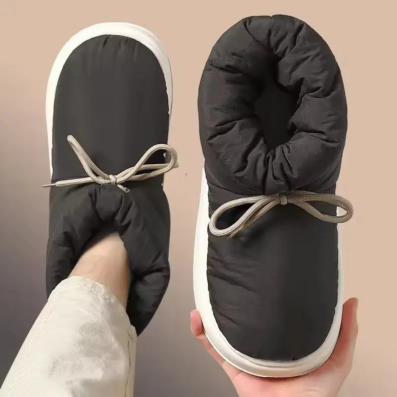 Women's beige high-top slippers with soft faux wool lining and lightweight EVA sole for cozy indoor wear