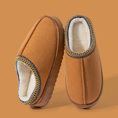 Women's cozy plush slippers in neutral tones, soft furry upper with thick non-slip EVA sole