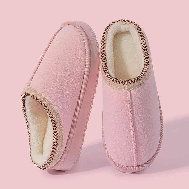 Women's cozy plush slippers in neutral tones, soft plush upper with thick non-slip EVA sole