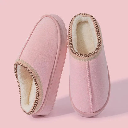 Women's cozy plush slippers in neutral tones, soft plush upper with thick non-slip EVA sole